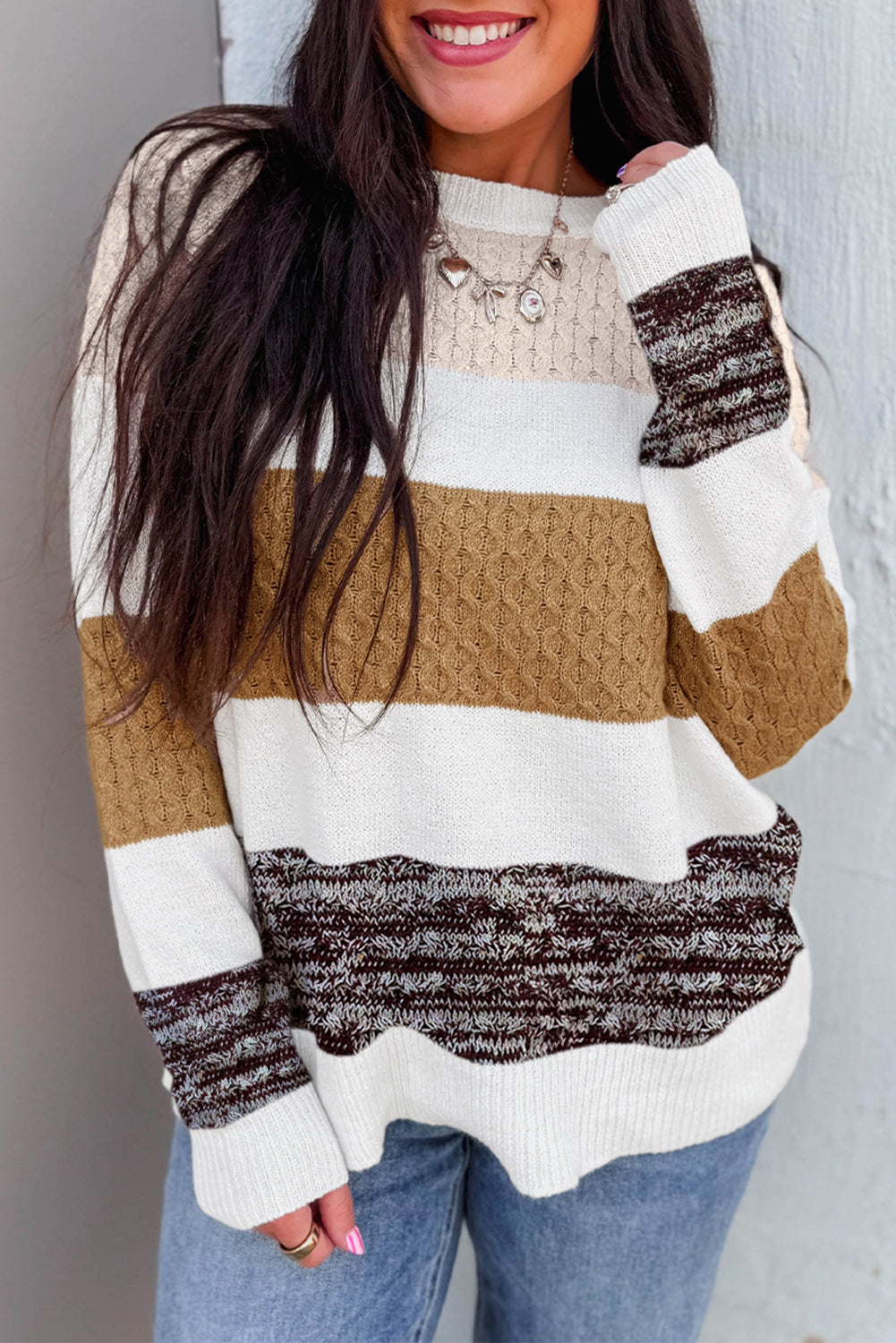 Brown Mixed Texture Knit Striped Color Block Loose Sweater