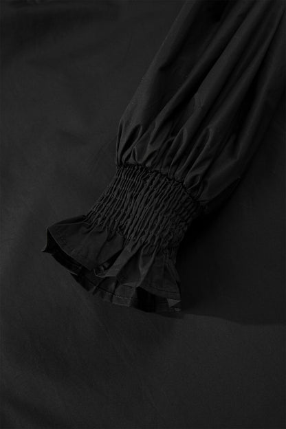 Black Puffy Flounce Sleeve Leopard Trim V Neck Blouse