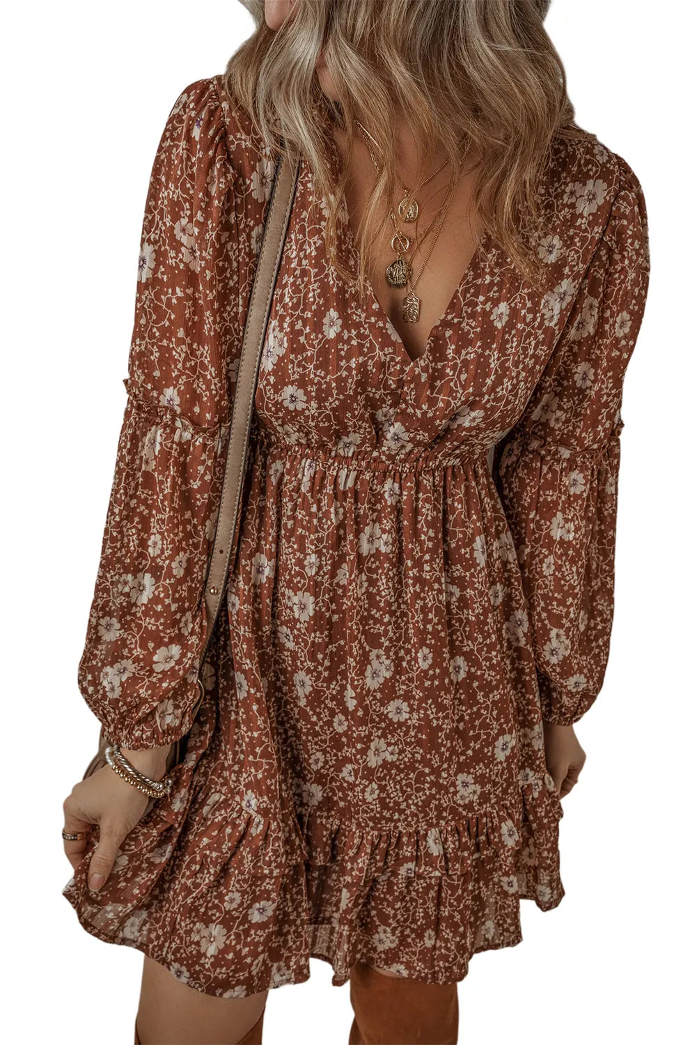 Brown Boho Floral Ruffled Puff Sleeve V Neck Mini Dress - Chic Meadow Boutique 