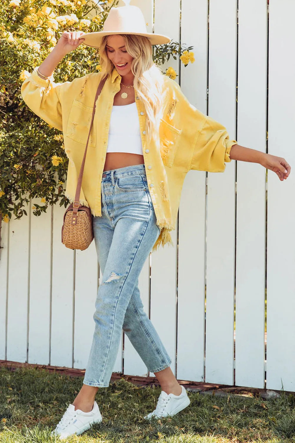 Yellow Distressed Fringe Trim Denim Jacket - Chic Meadow Boutique 