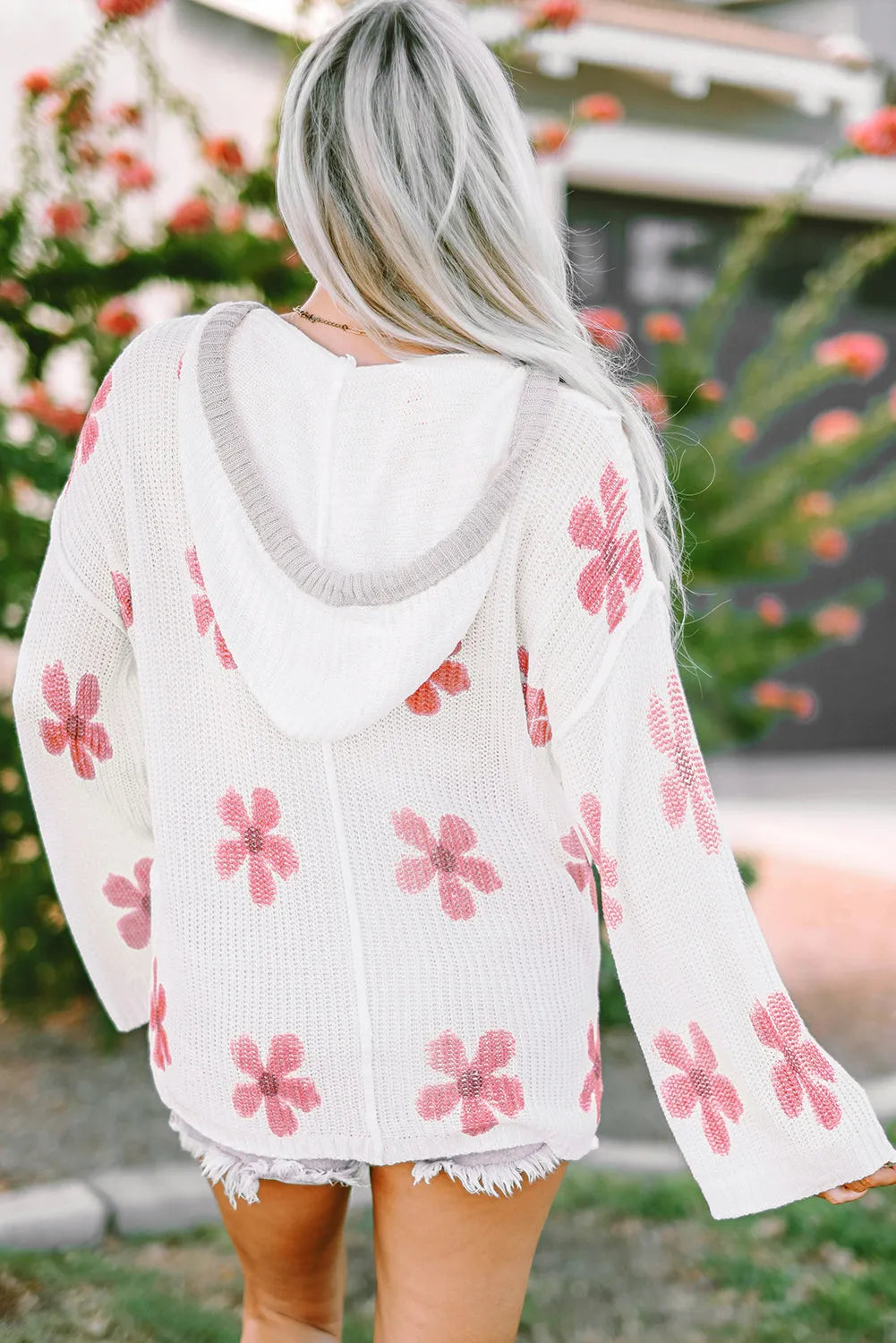 White Floral Print Lightweight Knit Hooded Sweater - Chic Meadow Boutique 