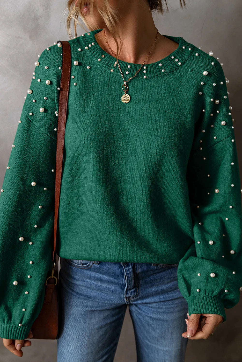 Evergreen Pearled Drop Shoulder Round Neck Sweater - Chic Meadow Boutique 