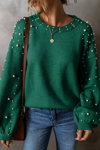 Evergreen Pearled Drop Shoulder Round Neck Sweater - Chic Meadow Boutique 