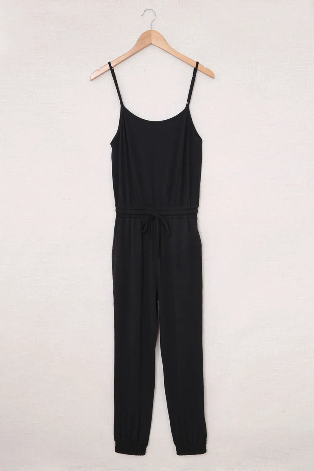 Black Drawstring Waist Spaghetti Straps Jumpsuit - Chic Meadow Boutique 