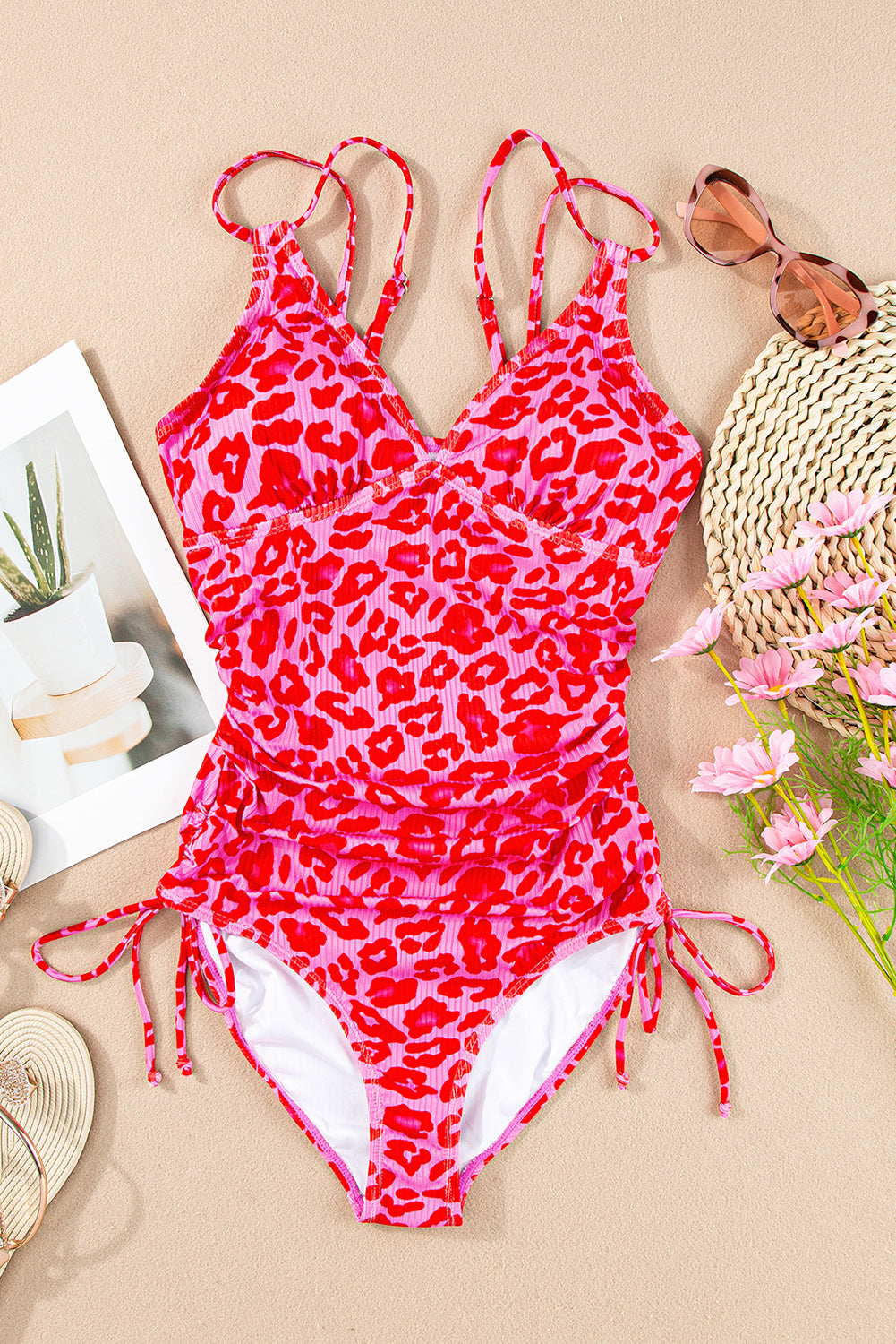 Leopard Orange Adjustable Straps Ribbed Knit One Piece Swimsuit