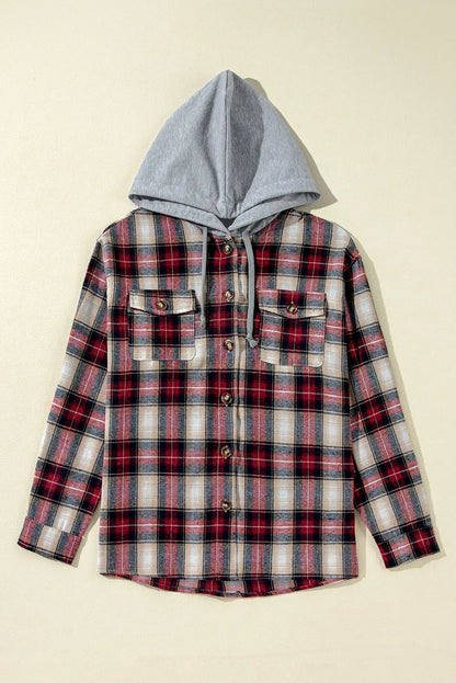 Red Plaid Print Chest Pocket Buttoned Hooded Shacket - Chic Meadow Boutique 