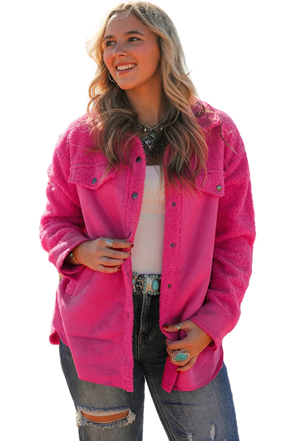 Bright Pink Faux Suede Sherpa Patchwork Button-up Shacket - Chic Meadow Boutique 