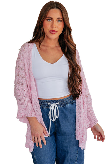 Pink Drop Shoulder Crochet Knit Open Front Sweater Cardigan