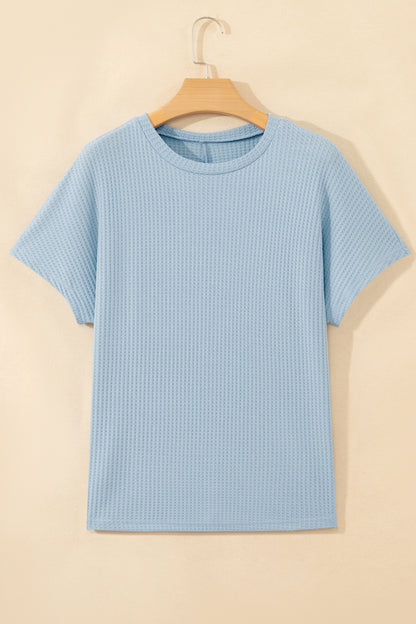 Beau Blue Waffle Textured Knit Dolman Short Sleeve Loose Top
