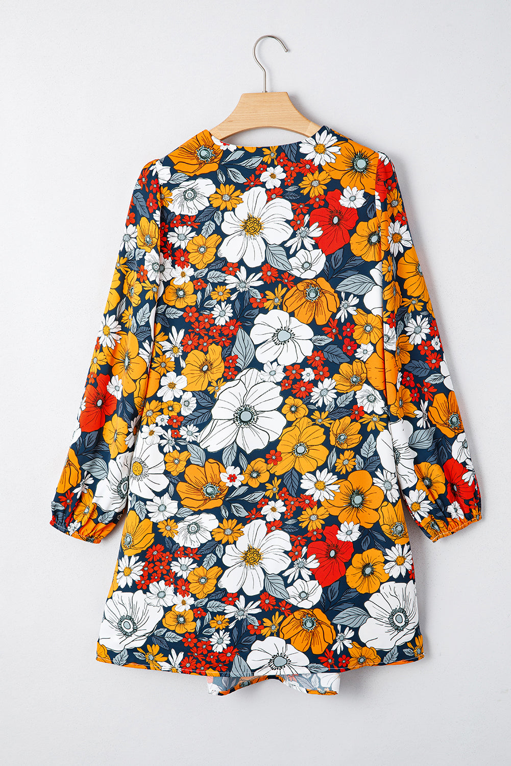 Orange Floral Print Striped Lace V Neck Long Sleeve Mini Dress