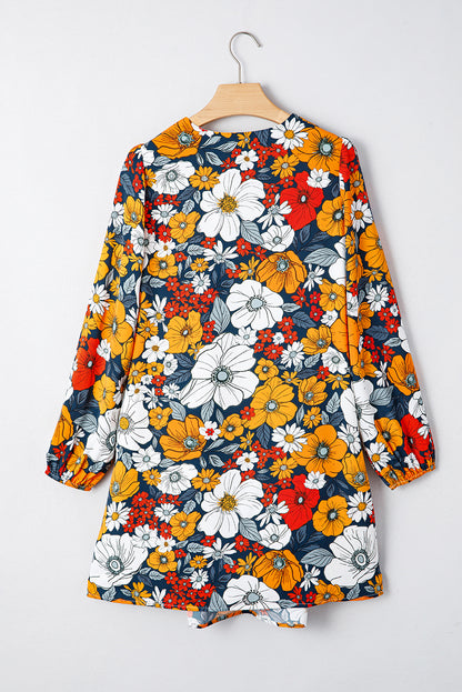 Orange Floral Print Striped Lace V Neck Long Sleeve Mini Dress