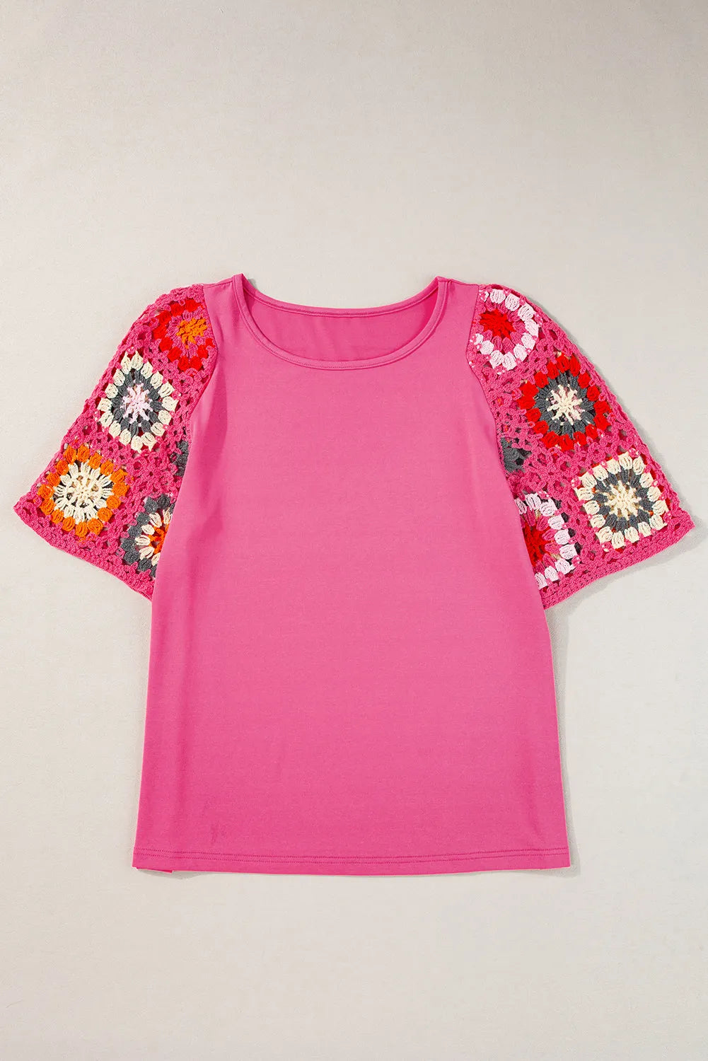 Strawberry Pink Floral Crochet Short Sleeve Top - Chic Meadow Boutique 