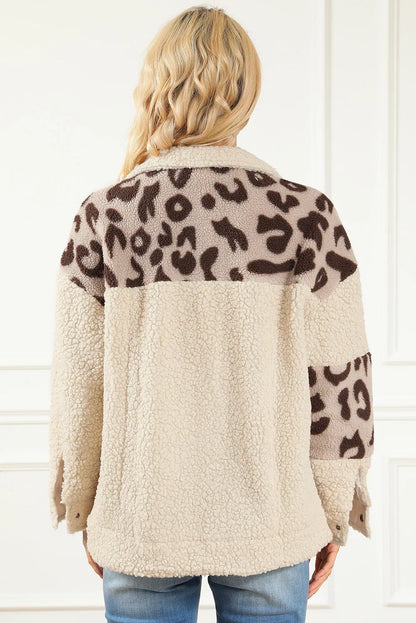 Beige Leopard Patchwork Snap Buttons Sherpa Jacket - Chic Meadow Boutique 