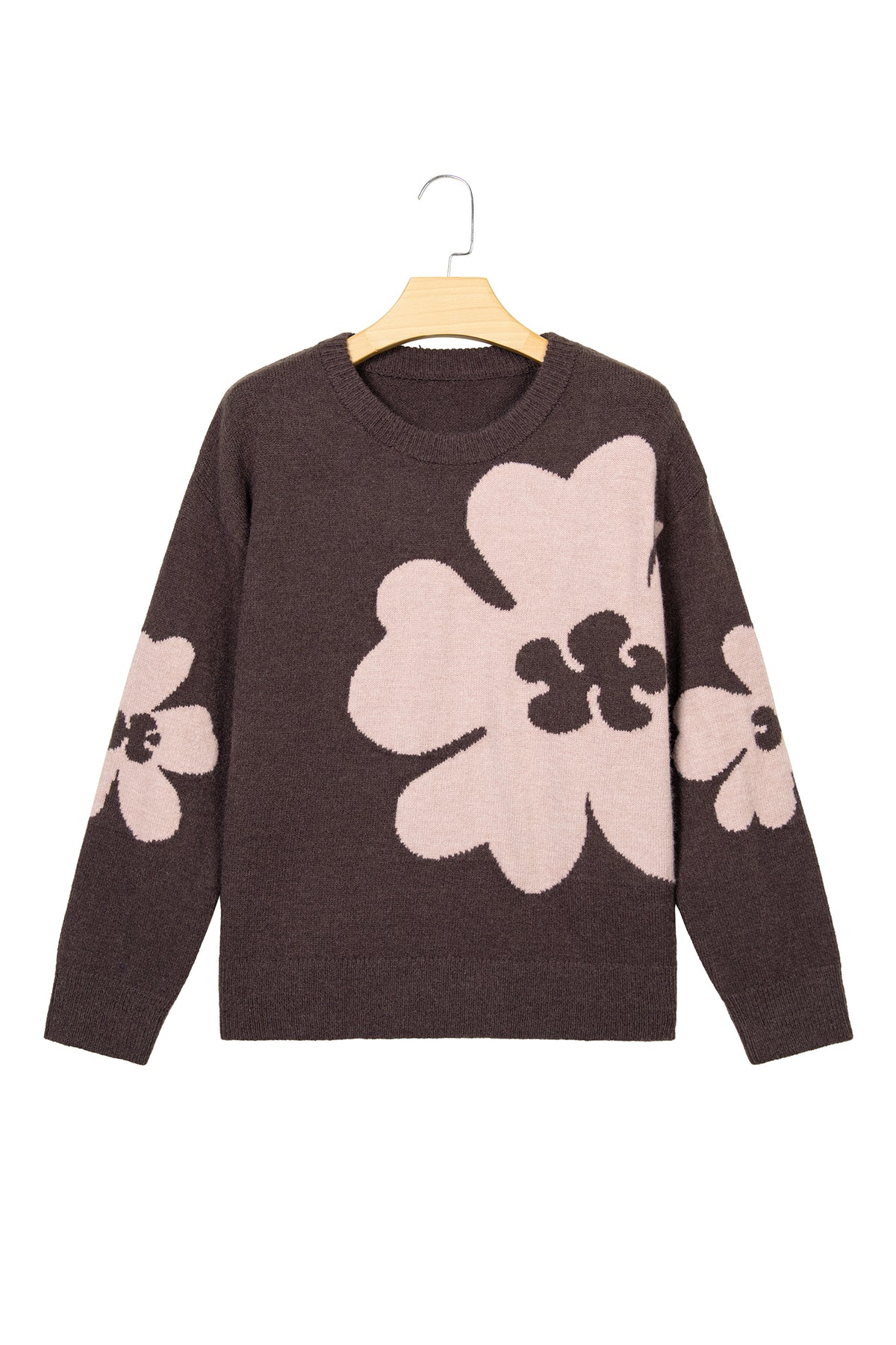 Chicory Coffee Cozy Floral Print Round Neck Dropped Shoulder Casual Sweater
