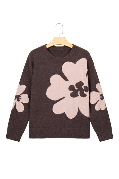 Chicory Coffee Cozy Floral Print Round Neck Dropped Shoulder Casual Sweater