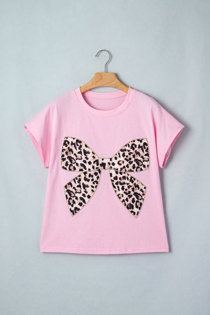 Pink Leopard Bow Embroidered Cotton Round Neck T Shirt