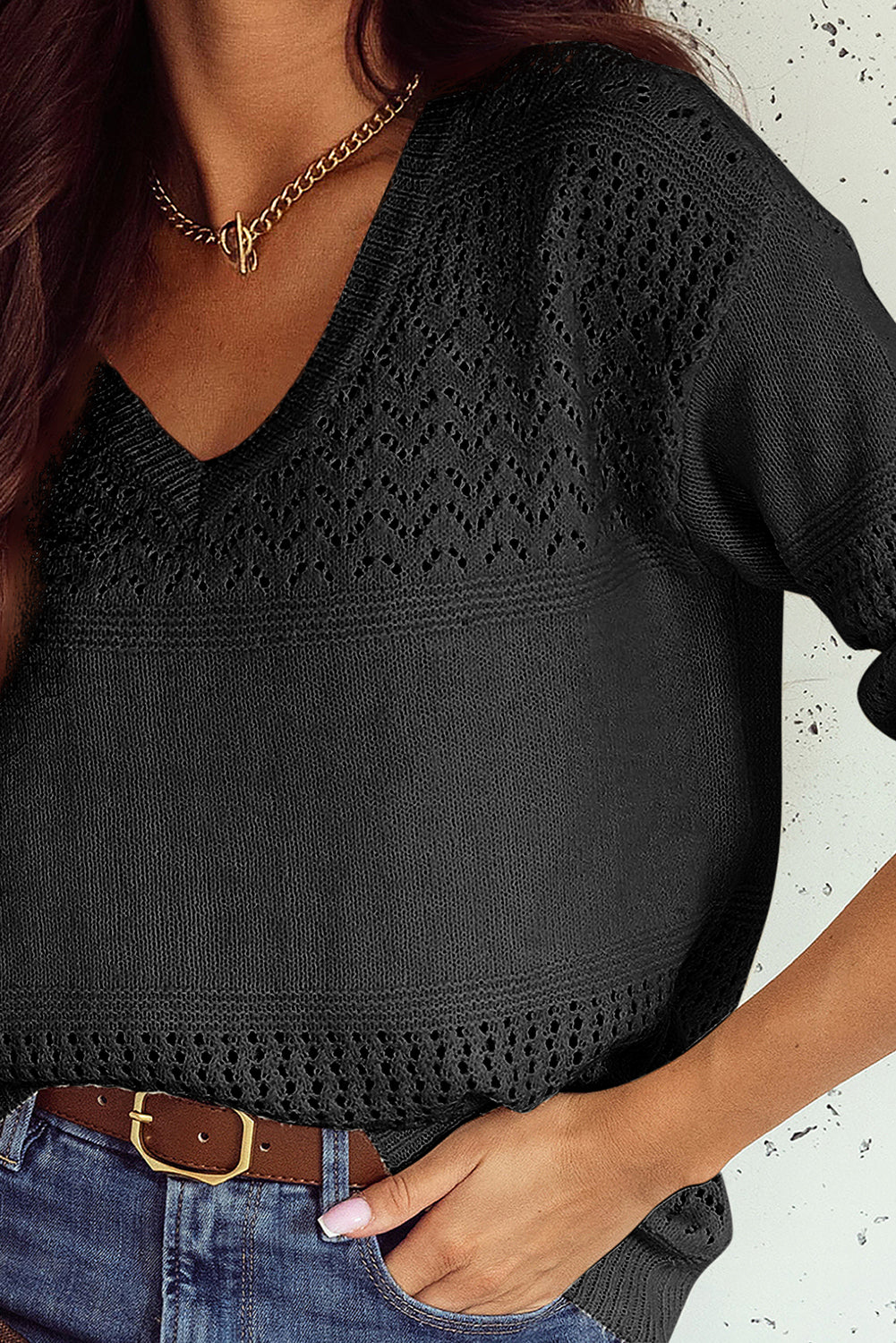 Black Eyelet Pattern Detail V Neck Drop Shoulder Sweater