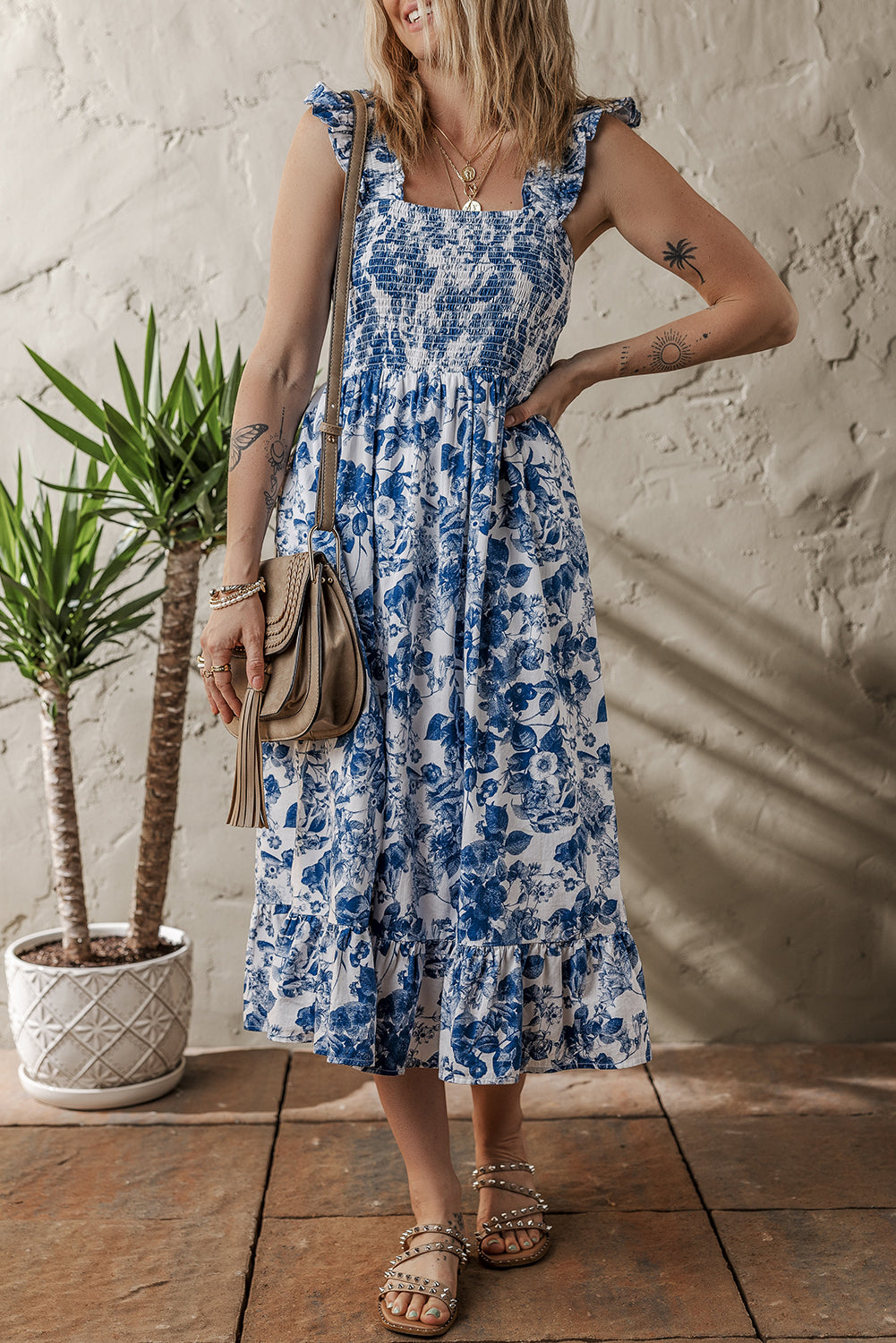 Blue Floral Ruffle Strap Square Neck Smocked Bodice Midi Dress