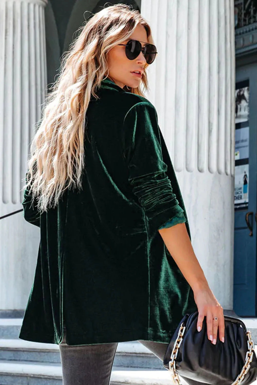 Green Casual Pocketed Velvet Blazer - Chic Meadow Boutique 