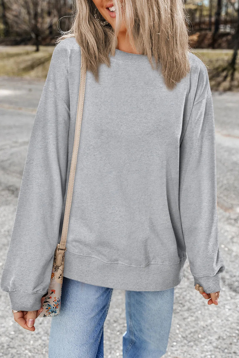 Light Grey Plain Drop Shoulder Crewneck Pullover Sweatshirt - Chic Meadow Boutique 