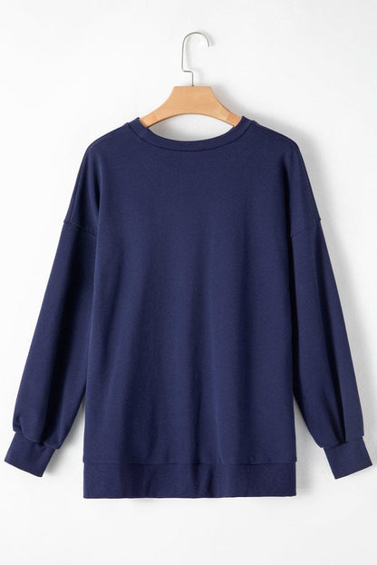 Tops/Sweatshirts & Hoodies Navy Blue Solid O Neck High Low Hem Pullover Sweatshirt