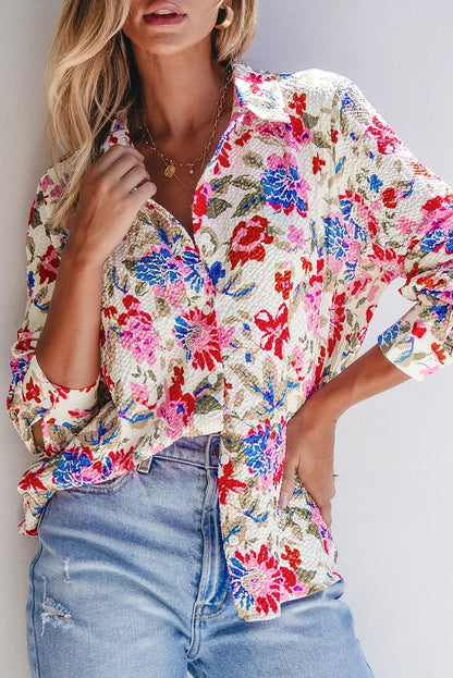 Red Floral Print Slim Fit Buttoned Turn Down Collar Shirt - Chic Meadow Boutique 