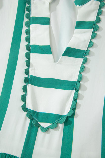 Green Stripe Ricrac Trim Notched Neck Half Sleeve Vacation Dress