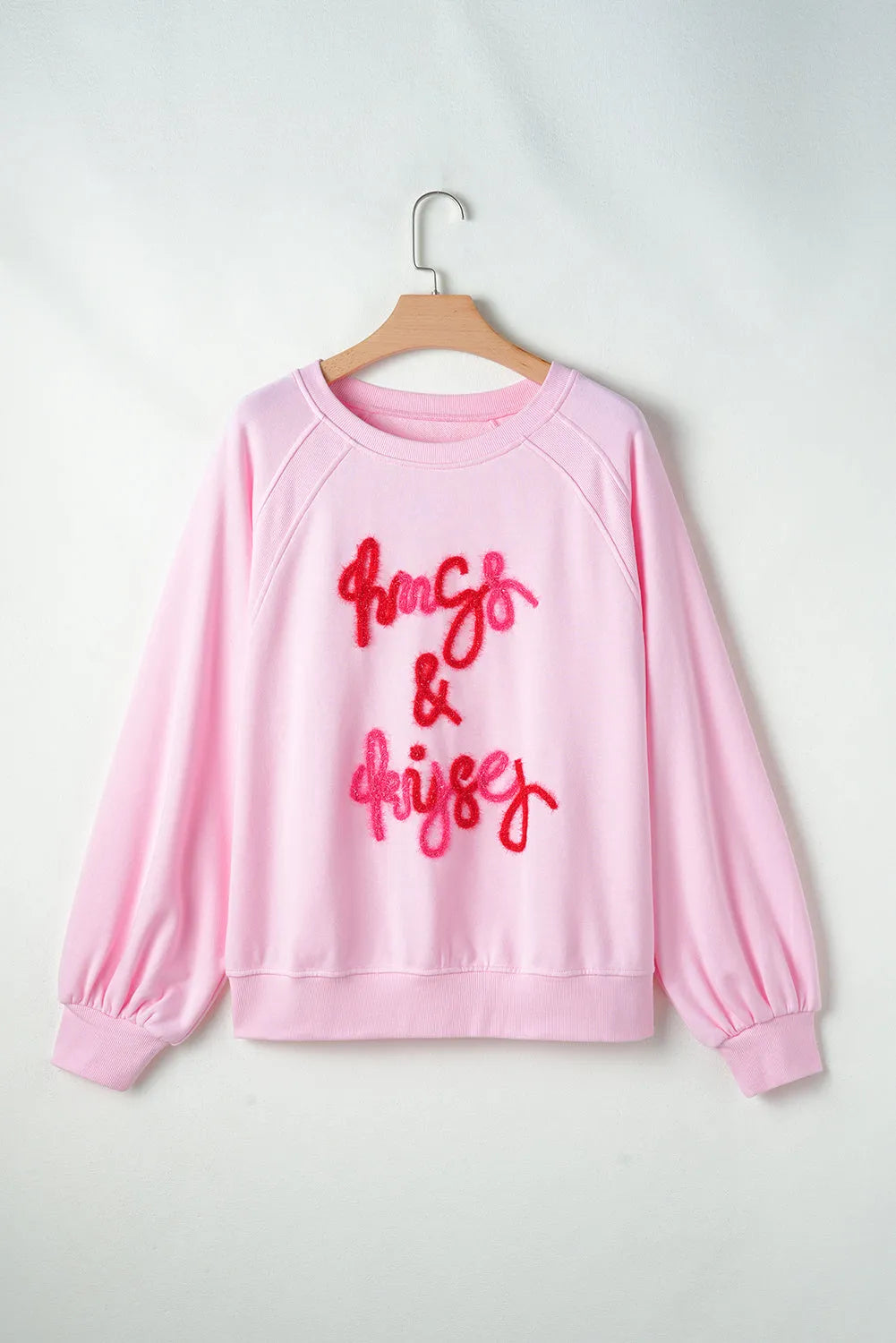 Pink Hugs and Kisses Pop Up Embroidered Raglan Sleeve Sweatshirt - Chic Meadow Boutique 