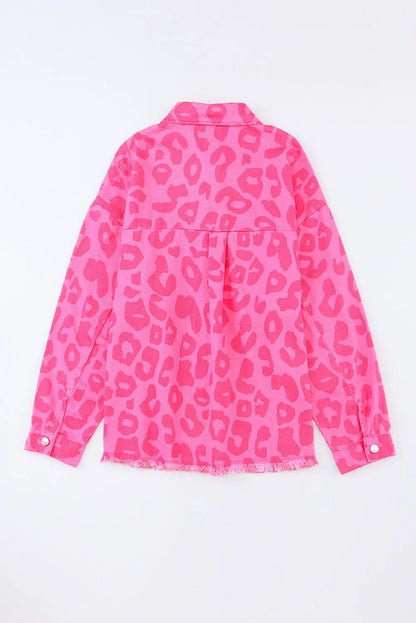 Pink Leopard Print Button Cuffs Raw Hem Jacket - Chic Meadow Boutique 