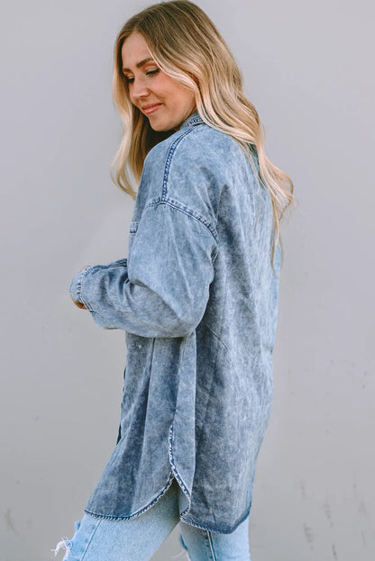 Sky Blue Vintage Washed Chest Pocket Denim Shirt - Chic Meadow Boutique 