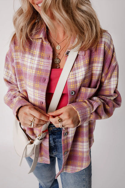 Pink Plaid Print Chest Pocket Long Sleeve Shacket - Chic Meadow Boutique 