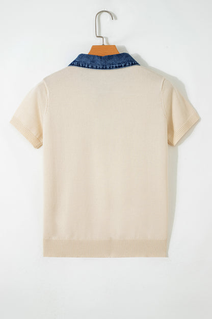 Jet Stream Short Sleeve Knit Denim Patchwork Polo Collar Sweater
