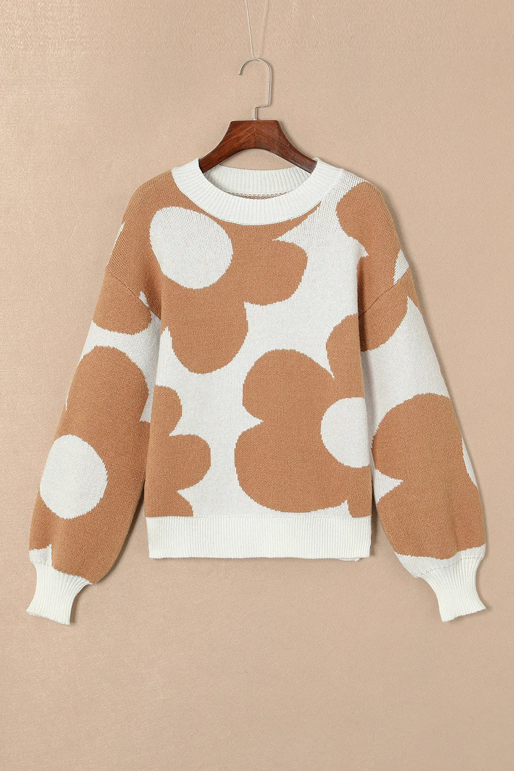 Khaki Big Flower Pattern Drop Shoulder Sweater - Chic Meadow Boutique 