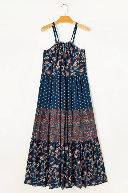 Blue Boho Floral Splicing Sleeveless Maxi Dress - Chic Meadow Boutique 