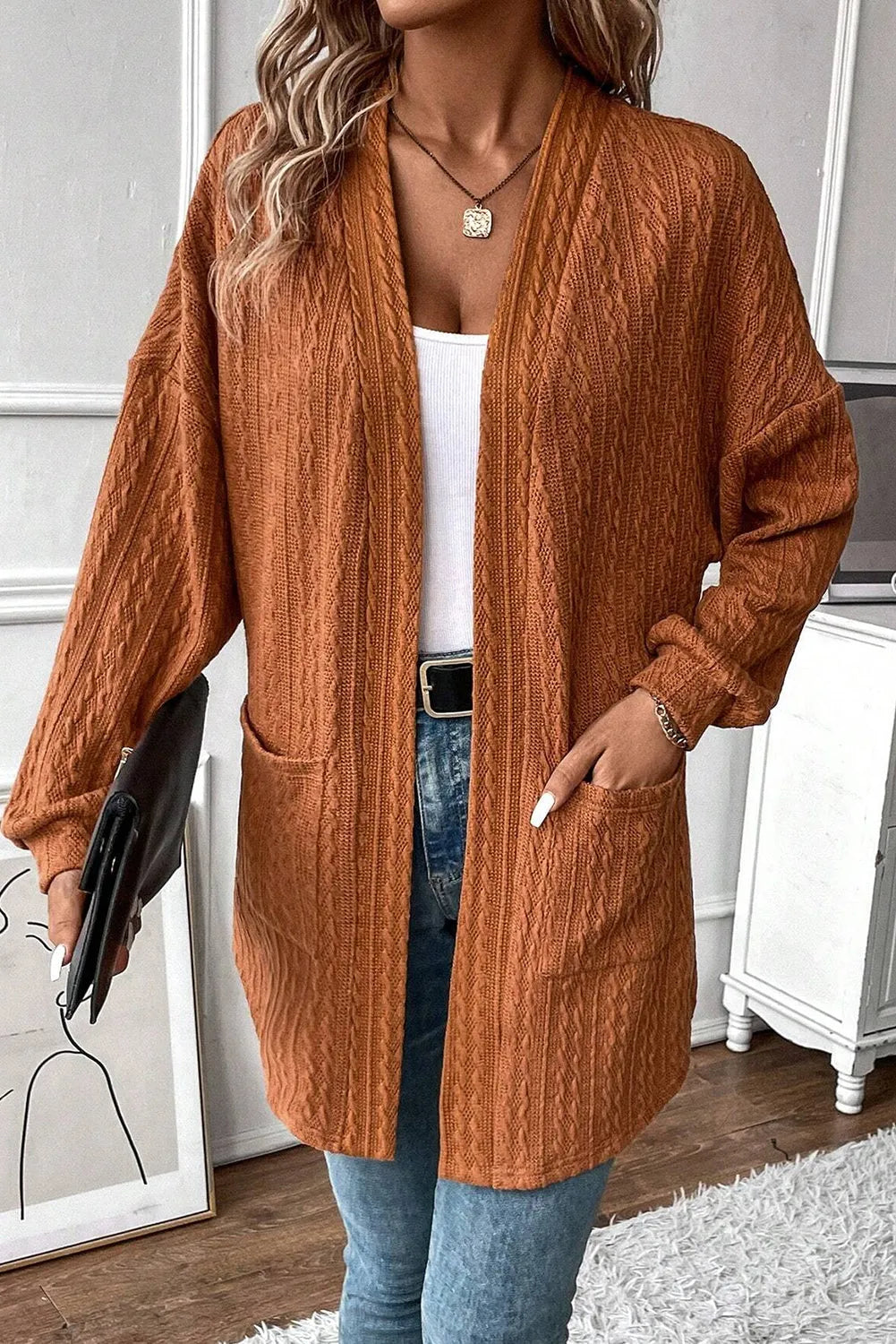 Chestnut Textured Knit Side Pockets Open Front Cardigan - Chic Meadow Boutique 