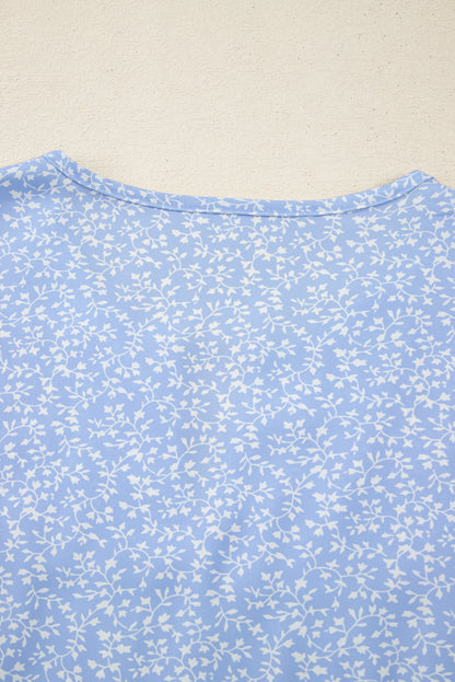 Sky Blue Floral Embroidered Puff Sleeve Notched V Neck Blouse