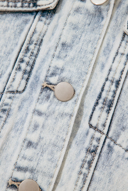 Beau Blue Light Wash Buttoned Chest Pocket Puff Sleeve Denim Jacket