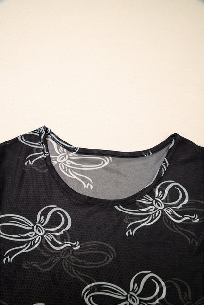 Black Bow Printed Mesh Short Sleeve Top
