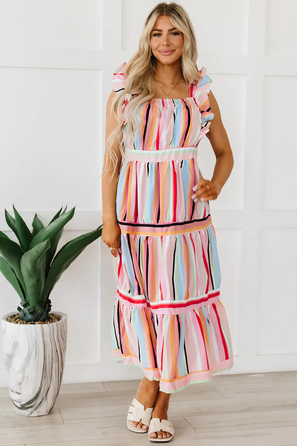 Pink Rainbow Stripe Ruffles Ruched Tiered Dress - Chic Meadow Boutique 