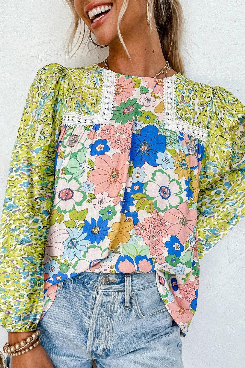 Tops/Blouses & Shirts Green / S / 100%Viscose Green Mixed Floral Print Long Sleeve Blouse