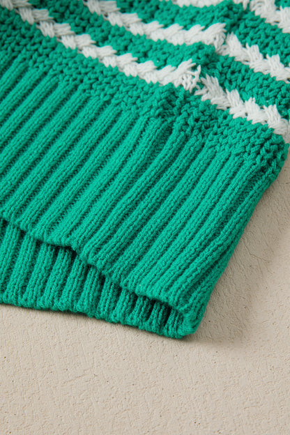 Green Stripe Short Sleeve Knit V Neck Bow Knot Sweater