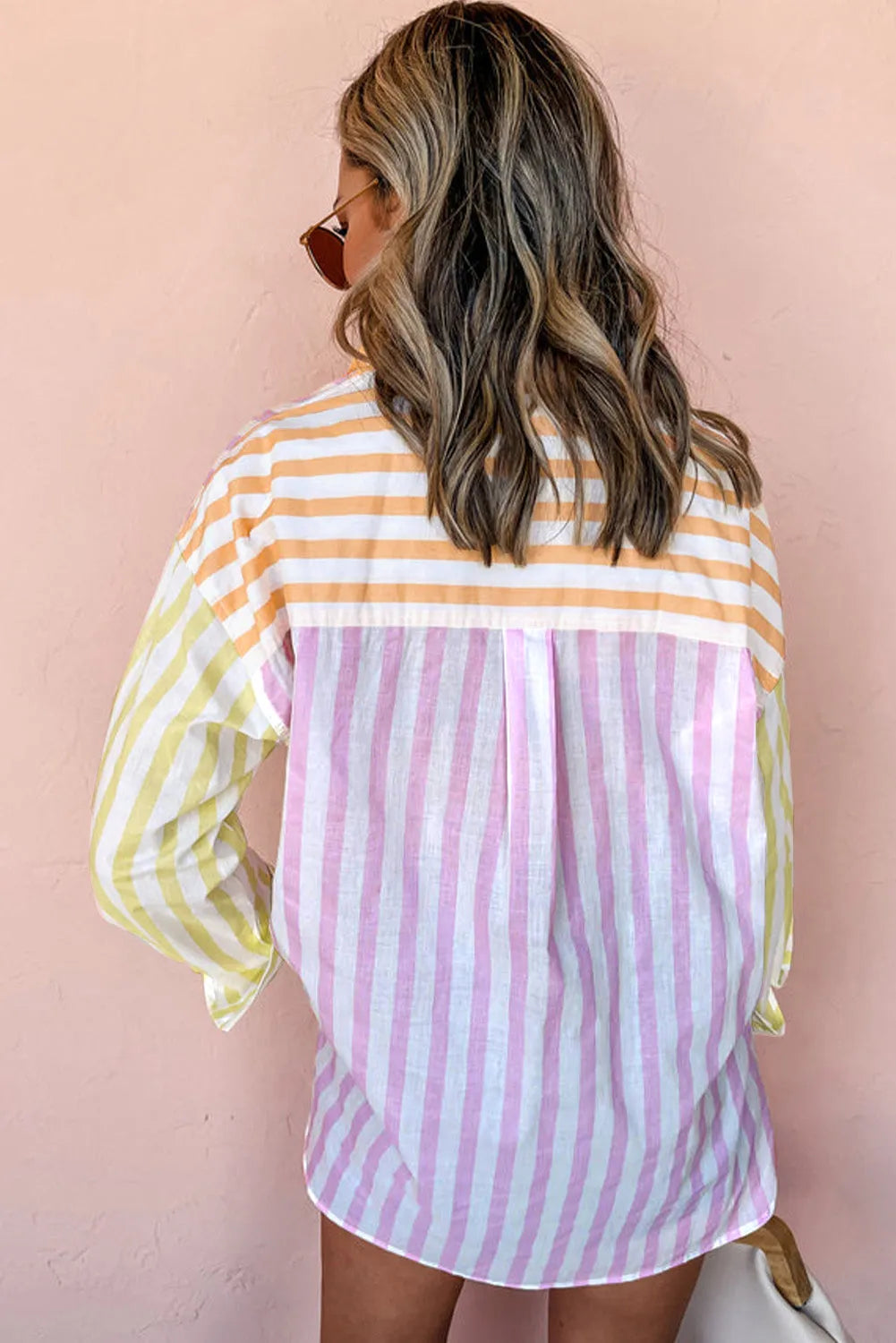 Pink Stripe Contrast Collar Long Sleeve Patchwork Shirt - Chic Meadow Boutique 