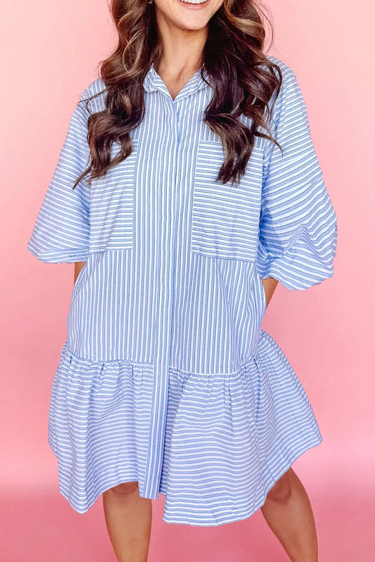 Sky Blue Stripe Bubble Sleeve Chest Pockets Buttoned Shirt Dress - Chic Meadow Boutique 