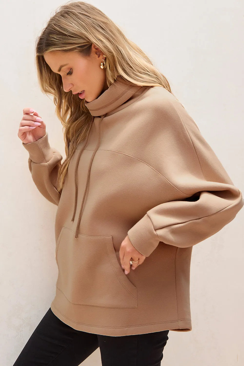 Light French Beige Drawstring Turtleneck Dolman Sleeve Sweatshirt - Chic Meadow Boutique 