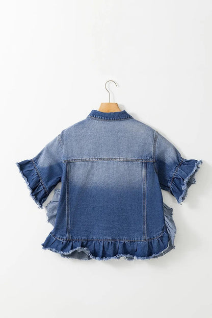 Outerwear/Denim jackets Peacock Blue Raw Edge Ruffled Short Sleeve Denim Jacket