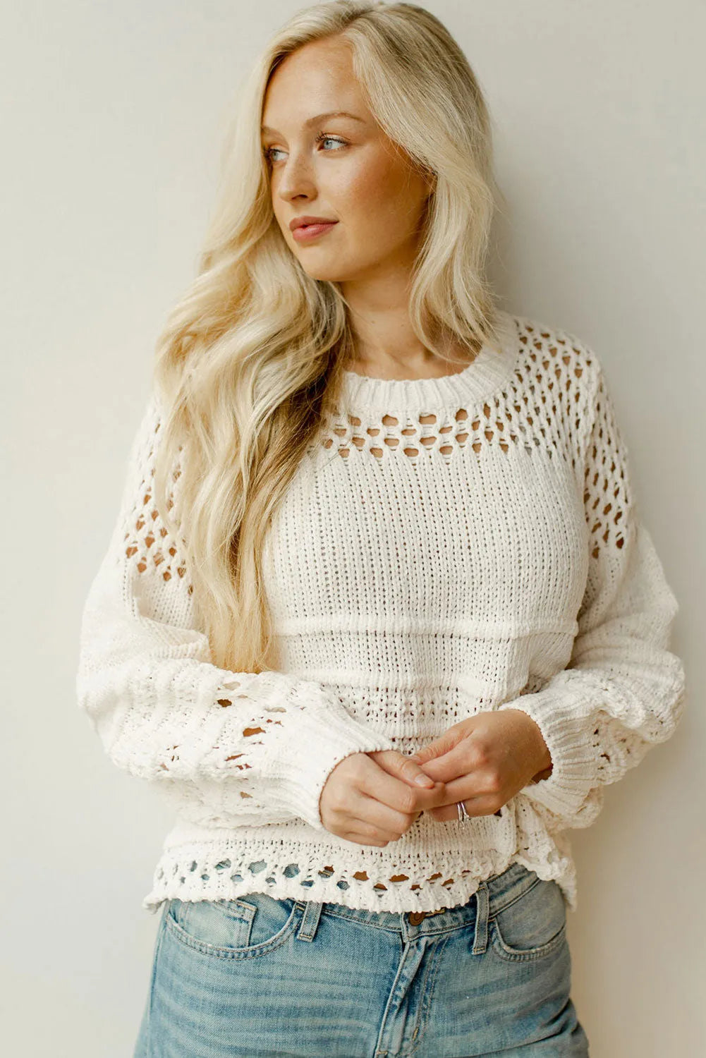 Tops/Sweaters & Cardigans White Solid Color Pointelle Knit Puff Sleeve Sweater