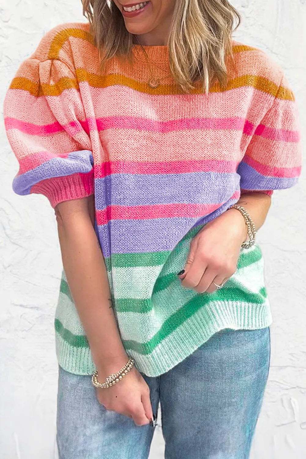 Rose Red Colorful Stripe Bubble Short Sleeve Sweater - Chic Meadow Boutique 