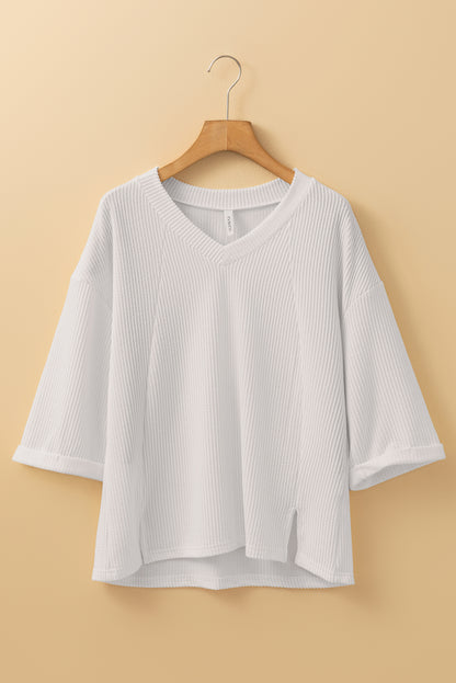 White Solid Color Corded Drop Shoulder 3/4 Sleeve V Neck Top