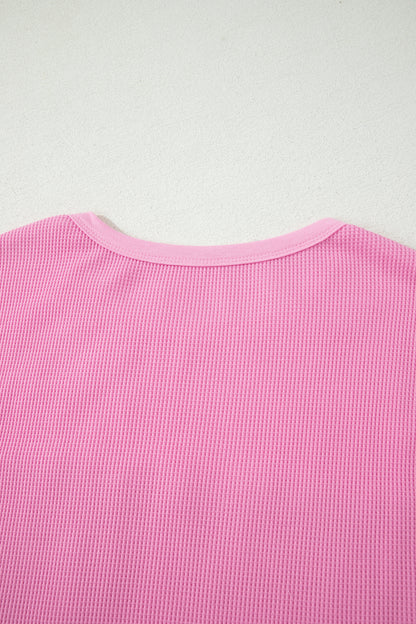 Pink Solid Color Raw Seam Waffled Patchwork Casual T Shirt