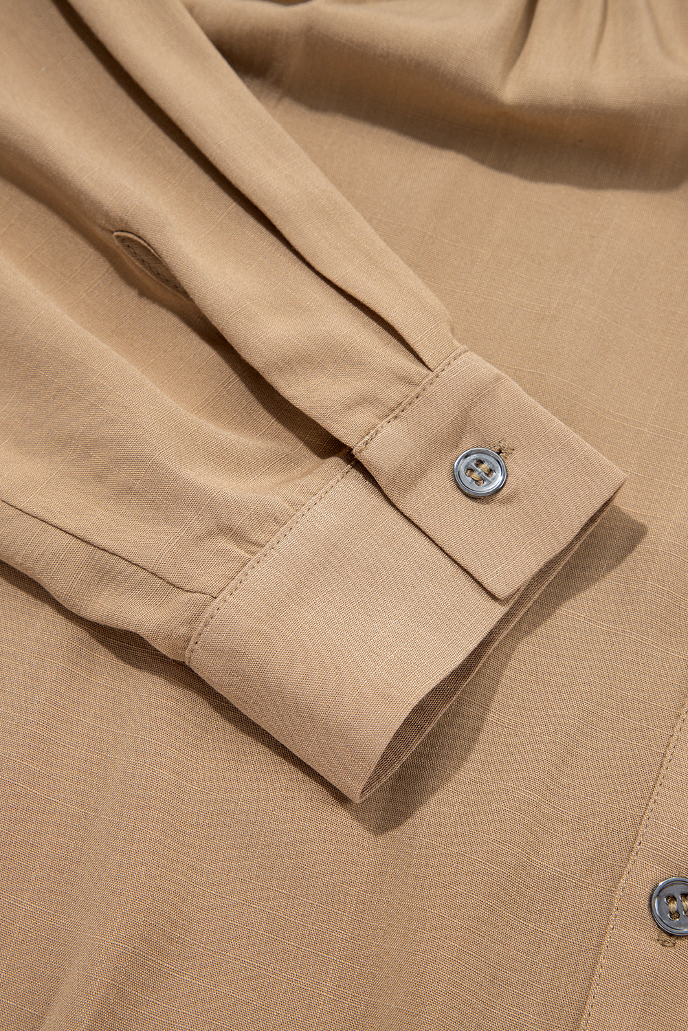 Light French Beige Waffle Patchwork Button Up Frayed Hem Shirt